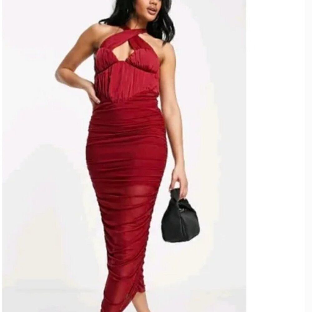 ASOS Design Nordstrom halter mesh ruched midi dress in red size 6 NWT